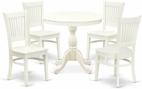East West Furniture AMVA5-LWH-W - Juego de mesa y sillas de cocina de 5 piezas, incluye una mesa de comedor redonda con pedestal y 4 sillas de