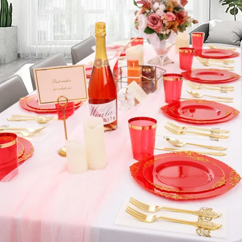 Miniatura 4 de Morejoy 175 platos de plástico rojo, platos desechables rojos con borde dorado, juego de vajilla de plástico rojo y dorado incluye: 50 platos, 25