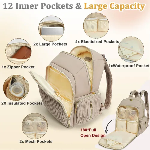 Miniatura 3 de Miss Fong Mochila para pañales – Bolsa acolchada de viaje para bebé con cambiador, 16 bolsillos, impermeable, gran capacidad – Mochila para mamá