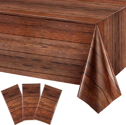 Moukeren 3 manteles de madera marrón de 54 x 108 pulgadas, manteles rectangulares de plástico rústico, estilo vintage, impermeable, decoración para