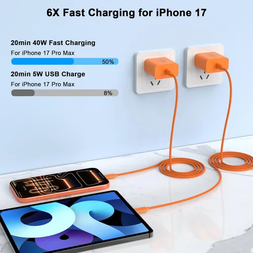 Miniatura 2 de [Certificado MFi de Apple] Cargador para iPhone 17 Pro Max de carga rápida, paquete de 2 bloques de carga USB C de 40 W con cable de carga tipo C