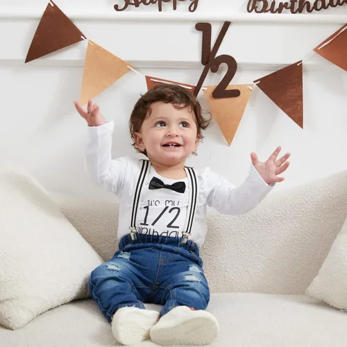 Miniatura 9 de Conjunto de ropa de cumpleaños para bebé niño pequeño, con tirantes, pantalones de mezclilla rasgados