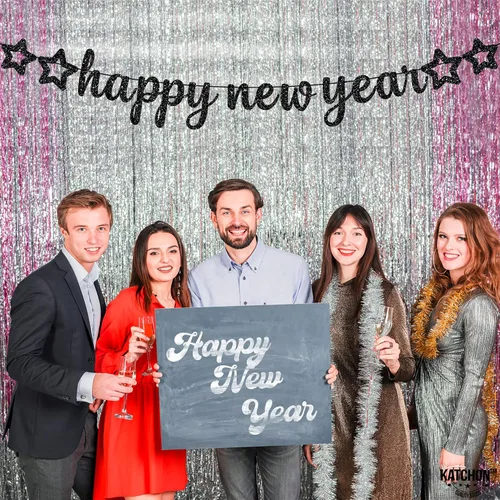 Miniatura 6 de KatchOn, Cartel de feliz año nuevo con purpurina negra – 10 pies, sin bricolaje Cartel negro de feliz año nuevo Suministros para fiesta de Año