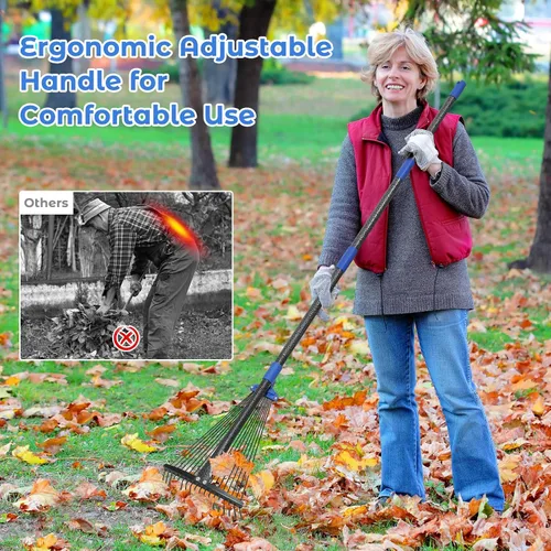 Miniatura 6 de Rastrillo de jardín ajustable para hojas - Rastrillo de metal resistente con cabeza expandible de 8-17" de largo, mango largo para césped, arbustos