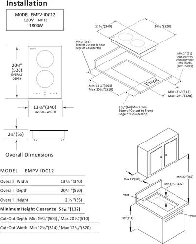 Miniatura 6 de Empava - Anafe eléctrico de inducción vertical con 2 quemadores, vitrocerámica, superficie lisa, vidrio en negro, 120 V, 30.5 cm