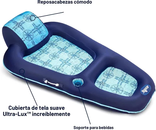 Miniatura 6 de Aqua Luxury - Colchón inflable extralargo para piscina, flotador con reposacabezas, respaldo y reposapiés, diseño azul marino/azul claro