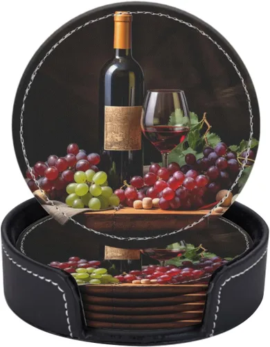 Miniatura 8 de Posavasos para bebidas de piel sintética, juego de 6 con soporte, regalo de inauguración de la casa, decoración del hogar, girasol de acuarela negro
