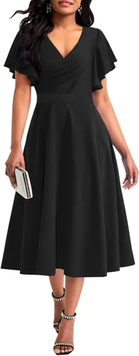 shengfan Vestido largo de verano de manga corta para mujer, estilo casual, cuello en V profundo, vestido largo acampanado para fiesta de club