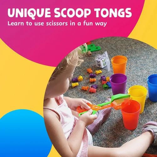 Miniatura 3 de Skoolzy - Juego de osos arcoíris para apilar con tazas a juego para clasificar, juego de 69 piezas, 60 contadores de osos, pinzas de tijera, tazas