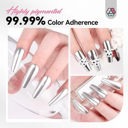 Miniatura 4 de SAVILAND Polvo para uñas cromado plateado - 1g Polvo cromado efecto espejo metálico para uñas de gel, pigmento para manicura y arte en uñas, polvo