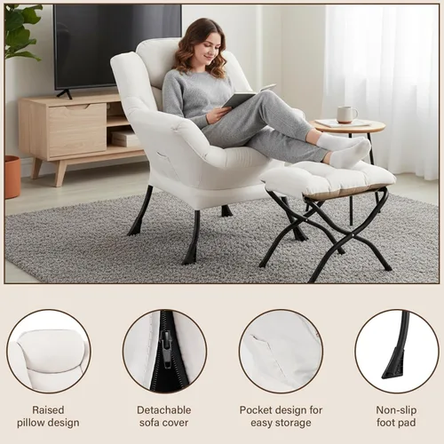 Miniatura 6 de Welnow Silla Lazy con otomana, moderna silla de lectura con reposabrazos y un bolsillo lateral, juego de sofá perezoso tapizado de ocio con Beige