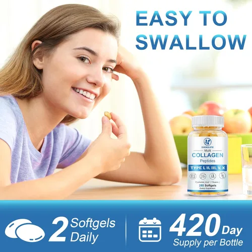 Miniatura 7 de Péptidos de Colágeno Múltiple para Mujeres y Hombres, Péptidos de Colágeno Hidrolizados-Tipo I, II, III, V, X - con Ácido Hialurónico, Vitamina C