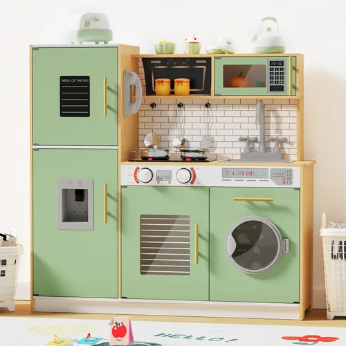 Babytronic Juego de cocina de madera para niños, cocina de juego interactiva con luces y sonidos, juego de cocina de juguete para niños con grifo,