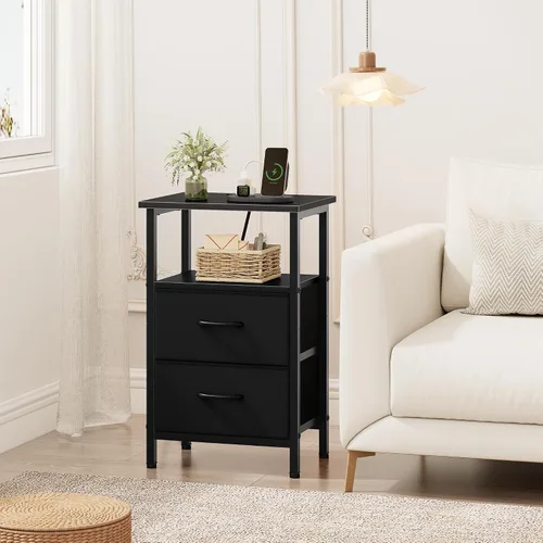 Miniatura 2 de Vagusicc Nightstand with Charging Station, End Table Bedside Table with 2 Fabric Drawers, Black Night Stand with USB Ports & Outlets, 24.2" Tall Bed