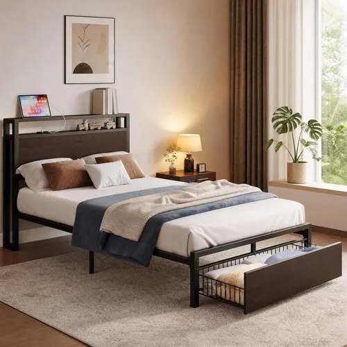 LIKIMIO Base de cama individual con cajón, cabecera de almacenamiento con tomas, no necesita somier, fácil montaje, marrón oscuro