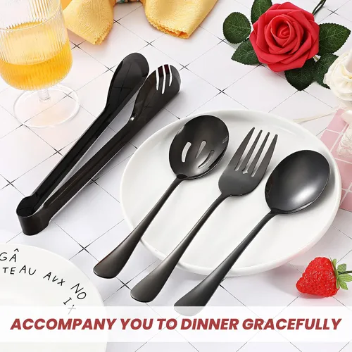 Miniatura 5 de Patelai Juego de 8 utensilios de acero inoxidable negro para servir, cucharas grandes de 8.7 pulgadas y cuchara ranurada, tenedores de 9.45