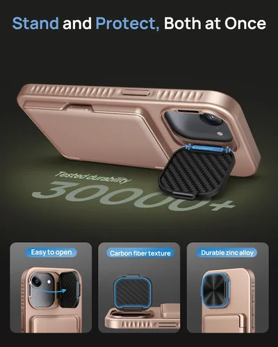 Miniatura 5 de Funda para iPhone 16e con Tarjetero y Cubierta de Lente de Cámara con Soporte, Protección contra Caídas de Grado Militar a Prueba de Golpes Oro rosa