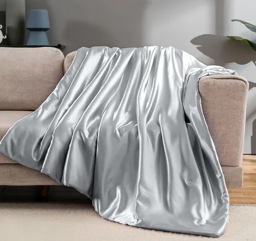 Miniatura 12 de Vonty Manta de Satén, Manta de Satén Azul Bebé de 50x60 Pulgadas, Refrescante y Sedosa, Sin Arrugas de Punto Trenzado para Sofá, Sofá, Cama
