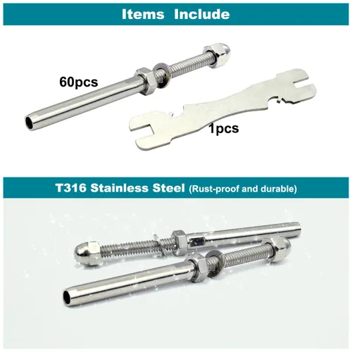 Miniatura 3 de 3/16 T316 T316 Tensor de acero inoxidable Cable Barandilla Hardware 60pcs para postes de madera y metal