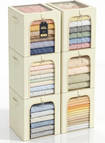 Miniatura 9 de GoMaihe Clothes Storage Bins with Metal Frame, 40L Sweater Storage Boxes for Above Shelf Closet, 4 Pack Stackable Clothing Storage Organizer with