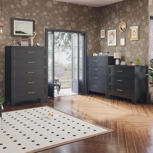 Miniatura 8 de Cómoda de metal de 43.11 pulgadas de alto para dormitorio, cómoda negra de 4 cajones con asas doradas, cómoda de armario con panel estriado, armario