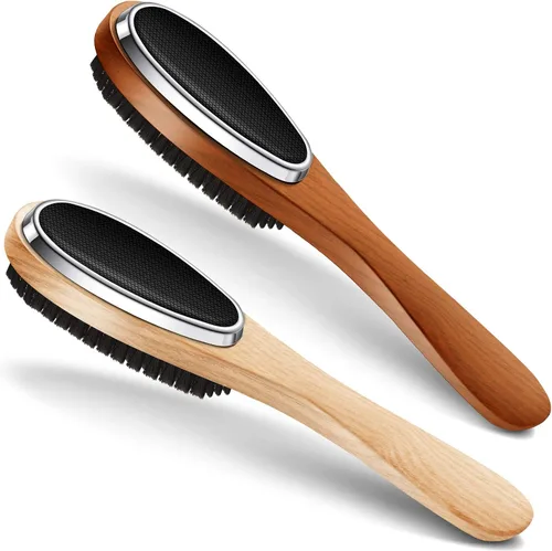 Patelai 2 piezas cepillo de tela para pelusa 3 en 1 de doble cara, cepillo para prendas, removedor de pelusa, calzador, mango de madera de haya para