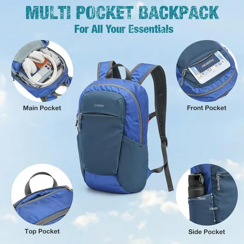 Miniatura 3 de G4Free Mochila de senderismo de 18 L, pequeña, ligera, plegable, plegable, con panel trasero grueso para hombres y mujeres (azul)