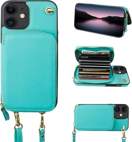 Miniatura 12 de Bocasal Funda tipo cartera cruzada para iPhone 12/12 Pro, funda de piel con bloqueo RFID y soporte para tarjetas, funda protectora con cremallera