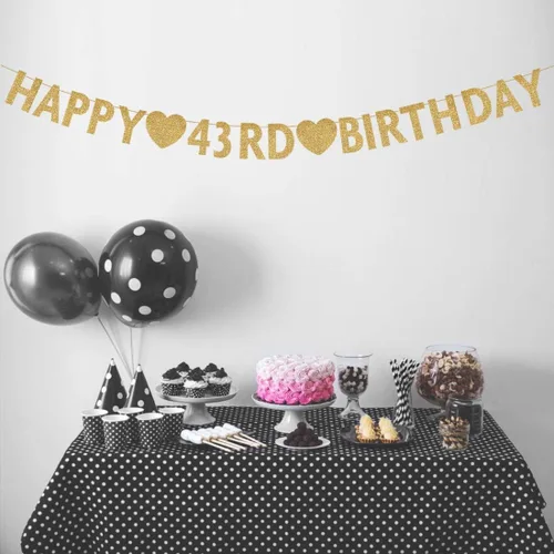 Miniatura 3 de Cartel dorado de feliz cumpleaños número 43, purpurina 43 años, decoración de fiesta de mujer u hombre de 43 años