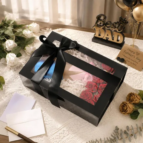 Miniatura 2 de PACKQUEEN Caja de regalo grande negra con ventana, 13.5 x 9 x 4.1 pulgadas, caja de regalo transparente para regalo, contiene cinta, tarjeta, caja