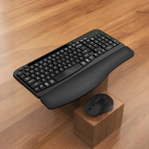 Miniatura 9 de Juego de teclado y mouse inalámbrico, teclas de onda de tamaño completo, teclado ergonómico con reposa muñecas acolchado, soporte para teléfono