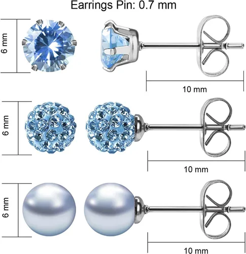 Miniatura 21 de JewelrieShop - Juego de aretes de tuerca de acero inoxidable con circonitas cúbicas y perlas de imitación, 3 pares de 0.236 in