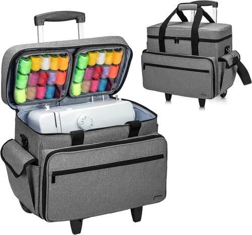 Miniatura 7 de Teamoy Estuche para máquina de coser con ruedas ajustables, bolsa para máquina de coser rodante con ruedas y almohadilla inferior de madera