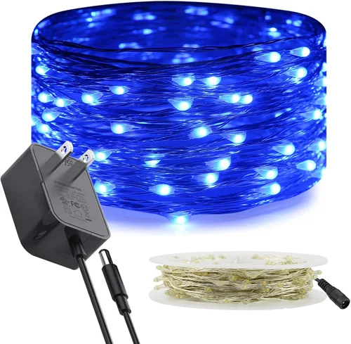 RUICHEN Luces de Hadas de Alambre Plateado Enchufables de 33 Pies, Cadena de 100 Luces LED con Carrete, Azul | Waterproof, Silver Coated Copper Wire
