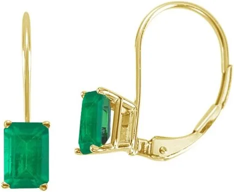 Miniatura 2 de Natural Emerald Cut Emerald Stud Earrings with Lever Backs in 14K Yellow Gold From 6x4MM - 8x6MM