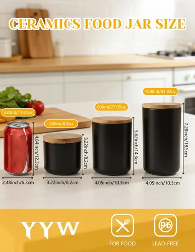 Miniatura 2 de YYW Recipientes de cerámica para almacenamiento de alimentos, recipientes de cocina con tapa hermética para granos de café, azúcar y especias Negro
