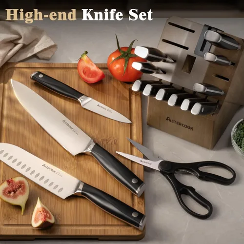 Miniatura 7 de Astercook Juego de cuchillos, juego de cuchillos de cocina con bloque y afilador, espiga completa, 17 piezas, cuchillos de acero inoxidable alemán