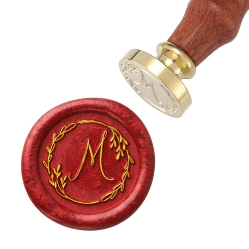Miniatura 2 de Yoption Sello de cera con letra M escrita a mano, alfabeto inicial vintage con sello de cera de sellado de rama de olivo