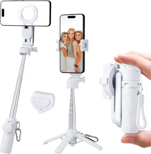 Miniatura 9 de MQOUNY para soporte trípode Magsafe para iPhone, palo selfie portátil de bolsillo con control remoto recargable y anillo de metal, trípode