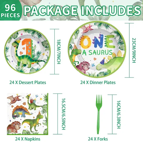Miniatura 2 de 96 piezas de dinosaurios para el primer cumpleaños, platos y servilletas de dinosaurios de dibujos animados, juegos de vajilla de acuarela