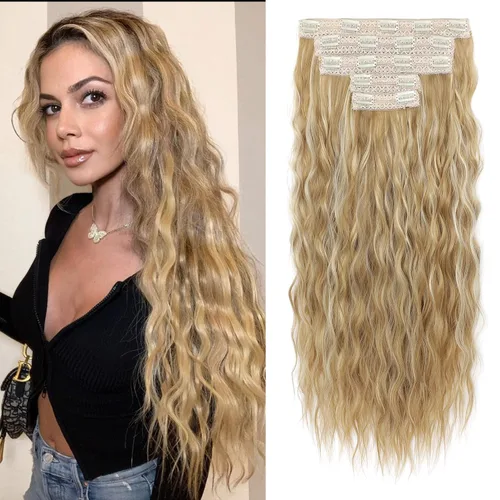 Miniatura 35 de REECHO Extensiones de cabello con clip, 5 piezas, de 24 pulgadas, de color rubio ceniza, extensiones de cabello con ondas largas y sueltas, HE002