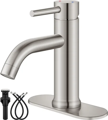 Miniatura 10 de Aolemi Grifo de baño de un solo agujero, grifo de lavabo de baño de una sola manija con líneas de suministro, con montaje de drenaje desplegable