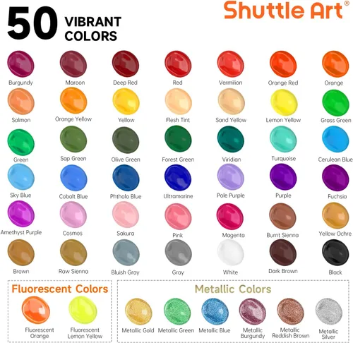Miniatura 3 de Pintura acrílica Shuttle Art, juego de pintura acrílica de 50 colores, botellas de 2 oz/60 ml, pigmentos ricos, resistente al agua, premium