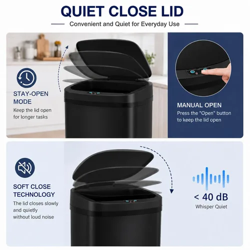 Miniatura 4 de Bote de basura automático de acero inoxidable de 13.2 galones con sistema de control de olores, sensor de movimiento semicircular sin tacto de 50