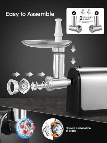 Miniatura 6 de HOUSNAT - Picadora de carne eléctrica, 3200 W máximo para uso doméstico, picadora de carne resistente 3 en 1 con 2 cuchillas y 3 platos, tubo