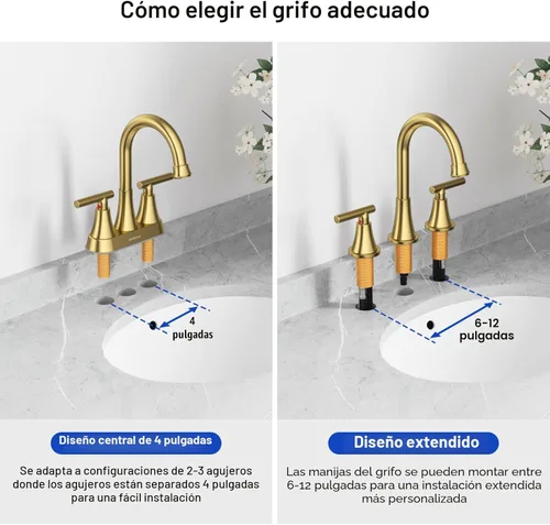 Miniatura 9 de Grifos de Baño para Lavabo de 3 Orificios, Hurran Grifo de Lavabo de Baño Dorado Cepillado con Desagüe Pop-up y Líneas de Suministro, Grifo Oro