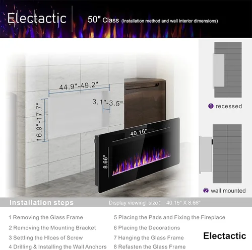Miniatura 4 de Electactic - Chimenea eléctrica de 50 pulgadas ultradelgada - Chimenea insertada y montada en la pared con termostato, llama ajustable, control