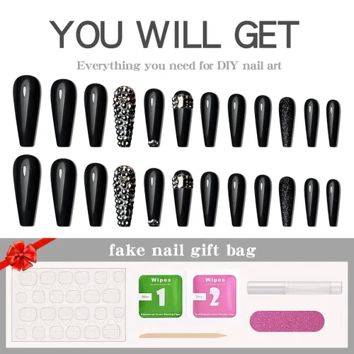 Miniatura 5 de 24 uñas postizas brillantes con diseños de longitud larga, uñas de boda a presión para novia, uñas acrílicas nude, ataúd a presión con diamantes
