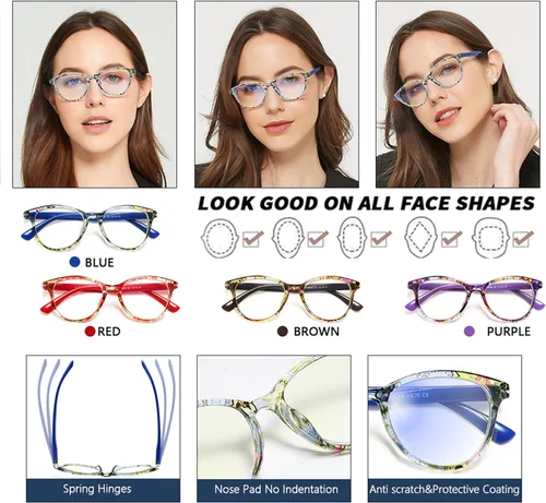 Miniatura 7 de Lentes de lectura de moda de ojo de gato para mujer, paquete de 4 lectores de patrón floral con bisagras de resorte, marco ligero y cómodo