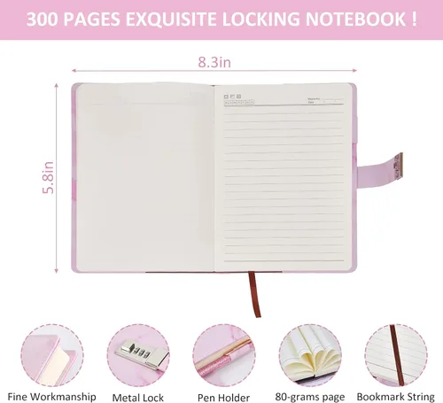 Miniatura 4 de Juego de regalo de diario, diario de cuero sintético de mármol de 300 páginas para escribir, cuaderno de dibujo con cerradura, incluye cerradura